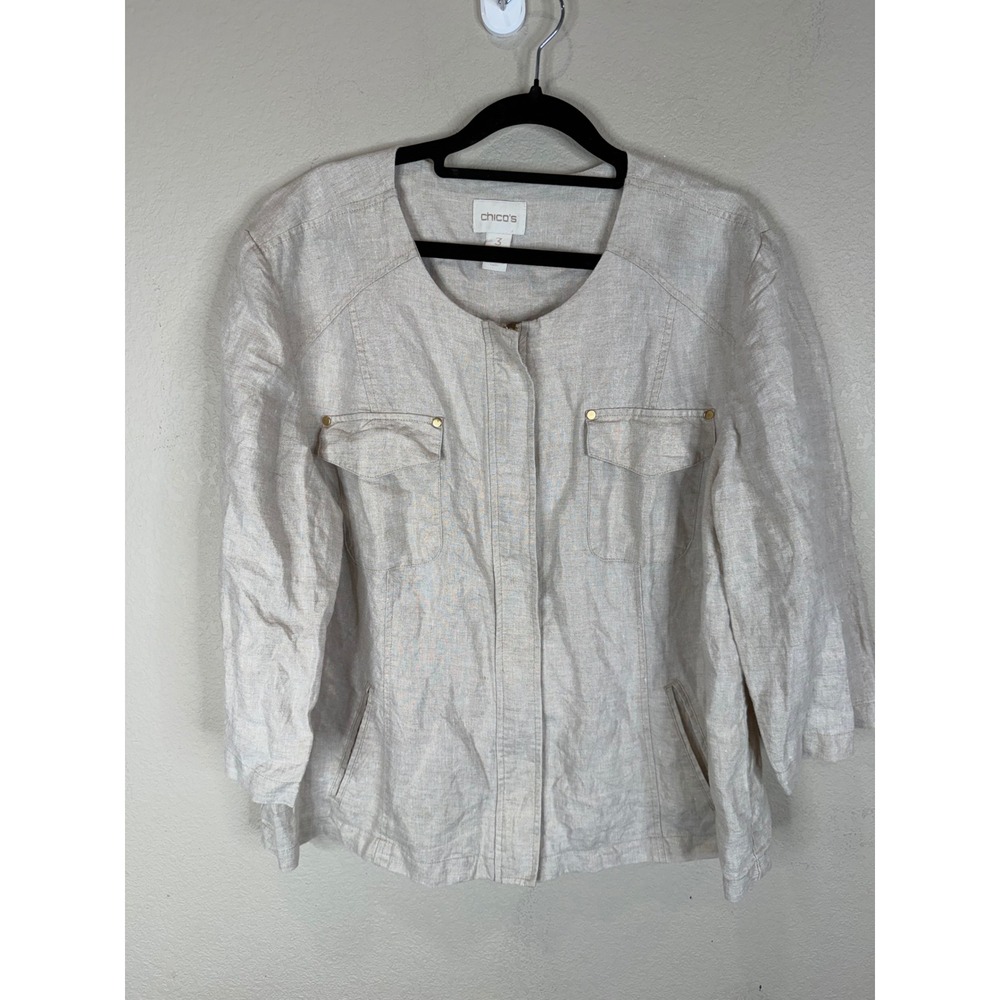 Chicos‎ 100% Linen Zip Front Utility Jacket Beige Oatmeal Petite Size 3 L XL